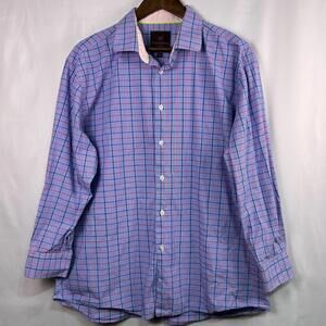 Tattersall London Mens Blue Pink Check Button Down Shirt Cotton Size 17.5